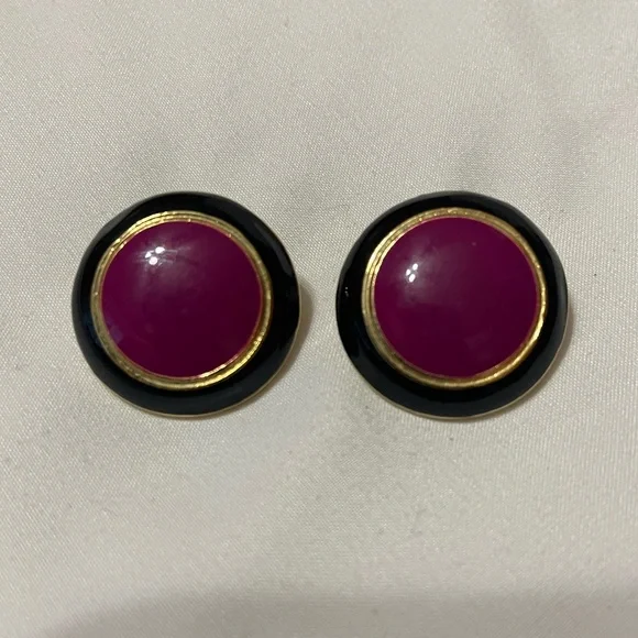 Round Purple Stud Earrings with Gold and Black Rim - Picture 3 of 8